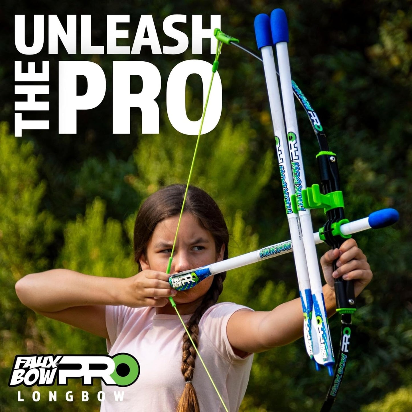 Original FAUX BOW Pro Longbow– Patented Bow and Arrow Impact Archery Set - Shoots Over 200 Feet – Best Outdoor Toy - Youth Safe Archery Anywhere - Fun Backyard Target Practice
