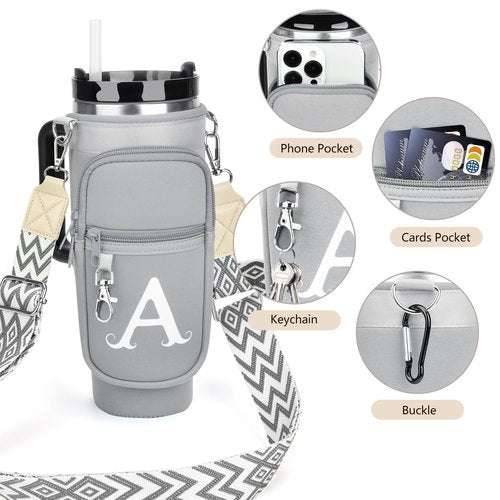 LOKASS Water Bottle Holder with Strap for Stanley Cup 40 oz Tumbler with Handle, Personalized Initial, Water Bottle Carrier Bag with Phone Pocket for Stanley Cup Accessories Grey A