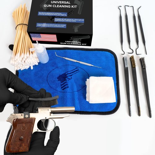 Gun Cleaning Supplies Kit - Handgun Cleaning Kit Incl. Cloth Brush Swabs Picks Wipes Oiler and Patches - Universal Gun Cleaning Kit 9mm, Pistol, Glock, Rifle - Gun Cleaner Kits for All Guns Tool Kit
