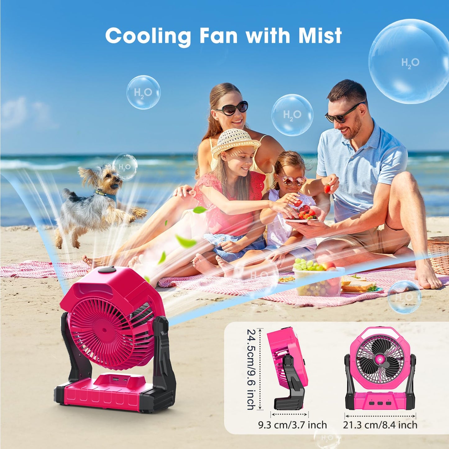Ausic Portable Misting Fans, Pink Outdoor Cooling Fan for Patios, [Max 35H Runtime] 8 Inch Battery Operated Rechargeable Fans, Water Spray Fan with LED Light for Pets/Travel Beach Camping Essential