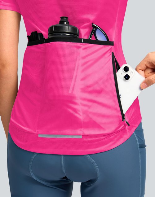 Women's Cycling Jersey Short Sleeve Bike Shirts Full Zipper Bicycle Biking Tops with Pockets Road Mountain Riding(FluorescentRosy,L)