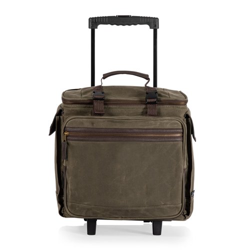 PICNIC TIME Somm - 12 Bottle Insulated Waxed Canvas Wine Bag with Rolling Cart, (Khaki Green with Brown Accents)