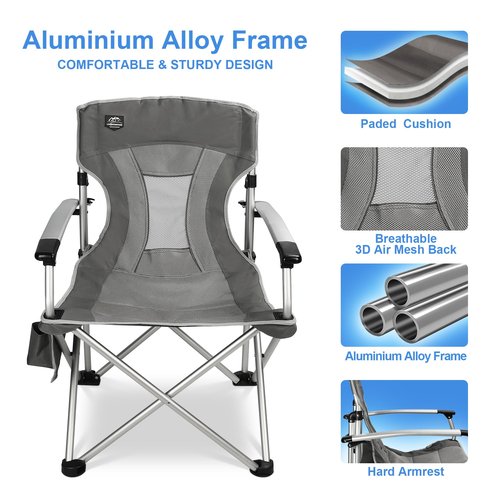LANMOUNTAIN Lightweight Folding Hard Arm Camping Chair,Mesh Back,Heavy Duty,Padded Backpack Camp Chair w/Cup Holder,Cooler Bag for Adults Garden Parties,Grey