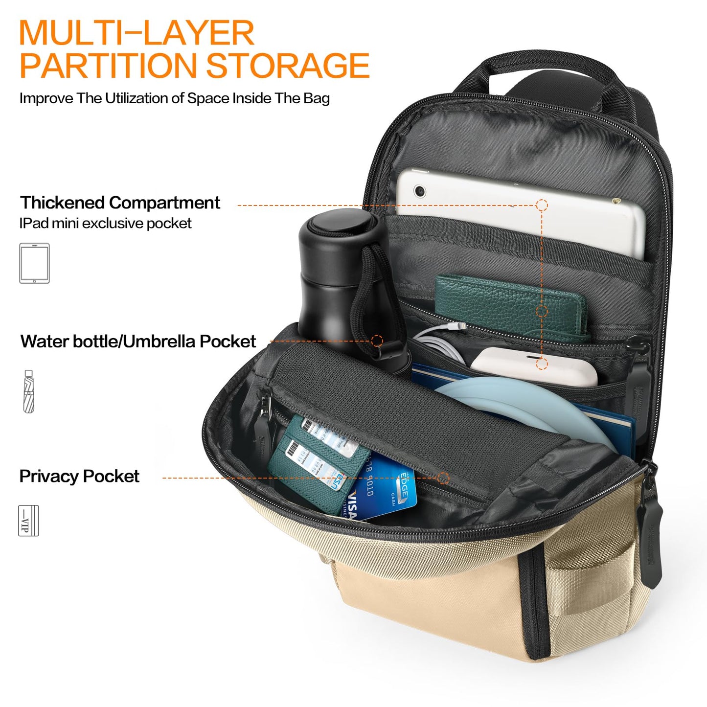 GEAMSAM Sling Bag for Men, Crossbody Bag Sling Shoulder Backpack Waterproof Lightweight Daypack Chest Bag for Work Travel, Perfect for Commute Daily Carry - Khaki