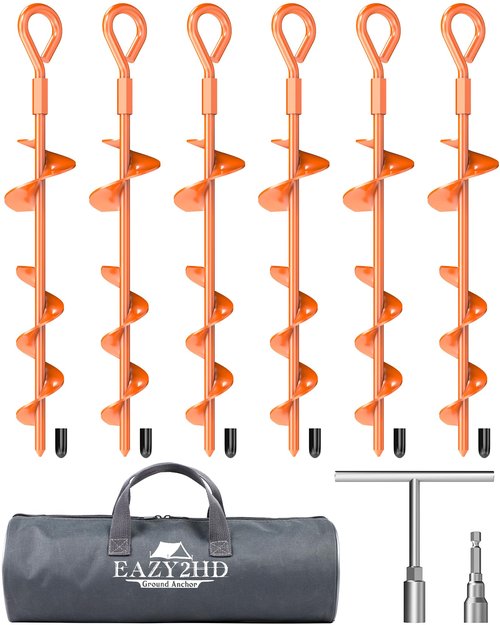 Eazy2hD 6 Pack Tent Stakes Heavy Duty, 15 Inch Ground Anchors Screw in, Metal High Winds Trampoline Stake with Nut and Tool, Spiral Anchor Kit for Camping, Shed, Swing Set, Canopy, Car Ports