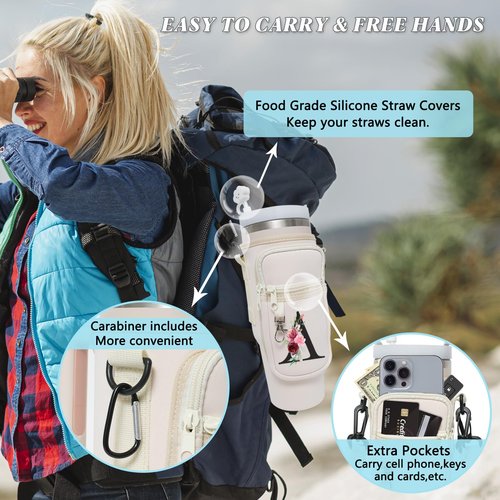 Sunegg Water Bottle Carrier Bag for Stanley 40 oz Tumbler with Handle, Water Bottle Holder Pouch with Phone Pocket, Straw Cover & Adjustable Strap, Accessories for Stanley Cup(Cream L)
