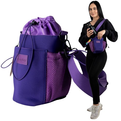 OYVEYKAY Water bottle holder carrier bag tumbler compatible with stanley Hydroflask with adjustable straps and 3 pockets premium quality (Purple)