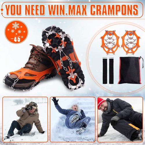 WIN.MAX Crampons for Shoes, Traction Cleats Ice Snow Grips with 19 Stainless Steel Spikes, Shoe Talons Anti - Slip Boots Spikes for Walking, Jogging, Climbing and Hiking (Orange, L)…