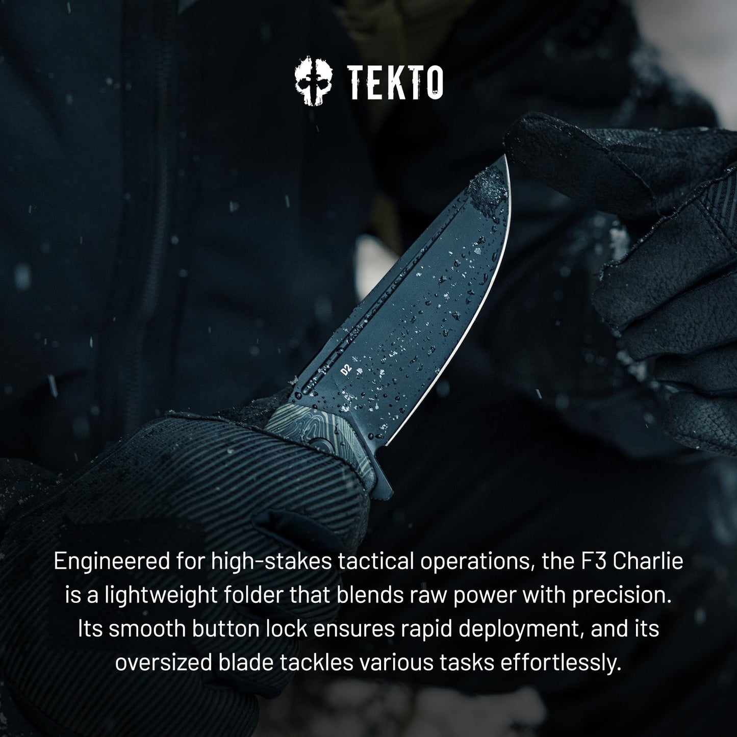 TEKTO F3 Charlie Button Lock Folding Knife, Oversized Fine Edge Blade, Tactical Damascus G10 Handle - Easy Open Pocket Knife with Titanium Coated D2 Steel & Black Titanium Barrel Spacers