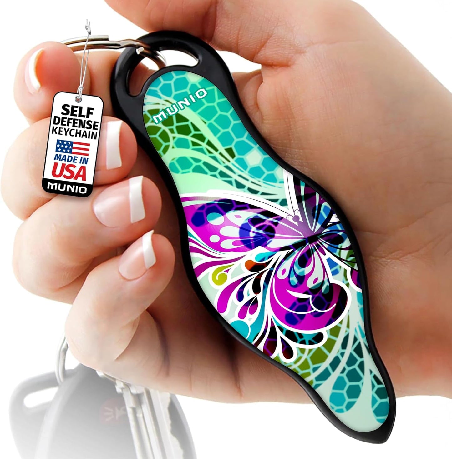 Self Defense Keychain for Women & Men – Lightweight TSA Approved Kubotan Tool – Stylish Butterfly Glass Design
