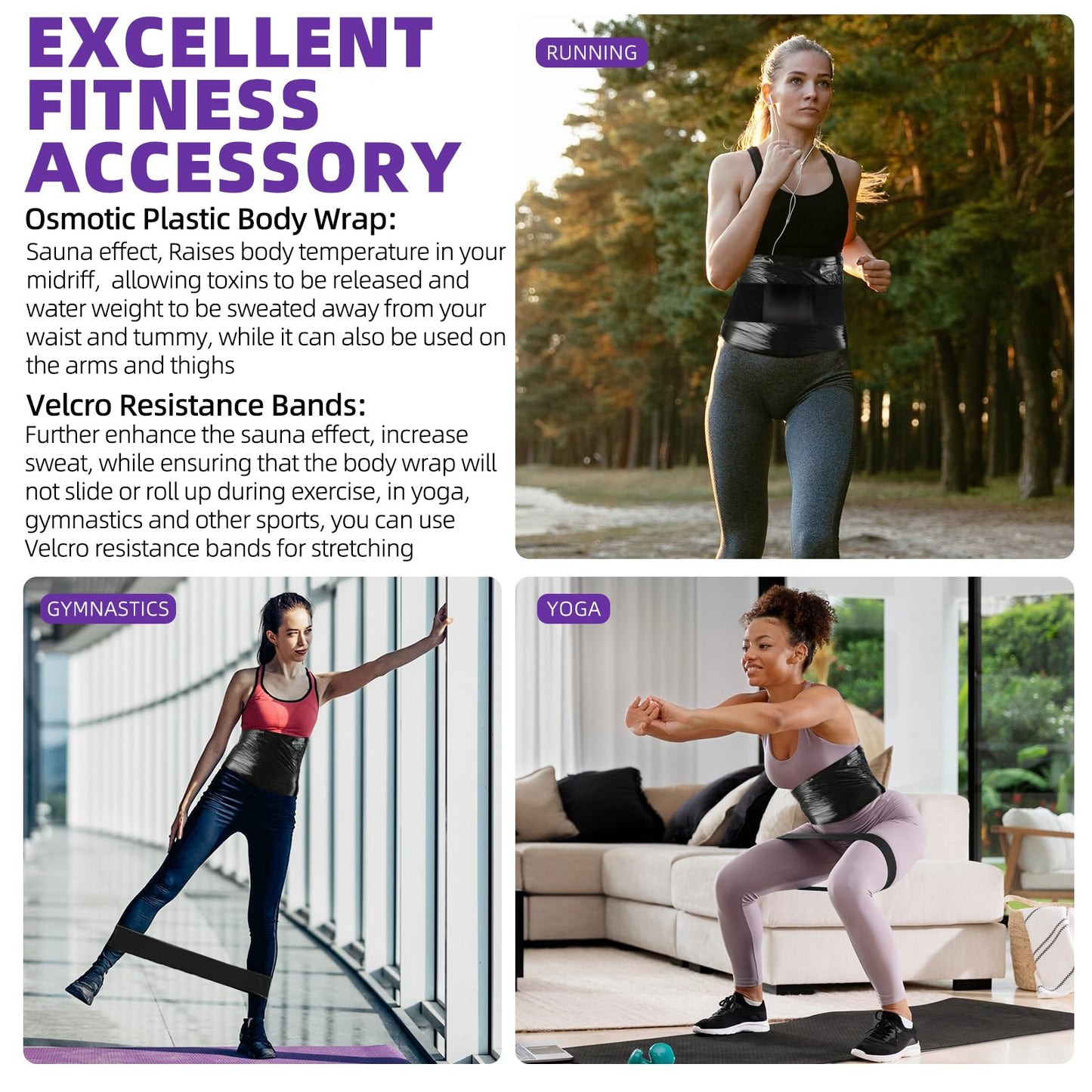 Hayunfiys 4 Rolls 60 Meters Black Osmotic Plastic Body Wrap Exercise & Fitness Sweat Enhancer Anti-Shedding Yoga Training Band Set, DIY Sauna Wrap Pilates Workout