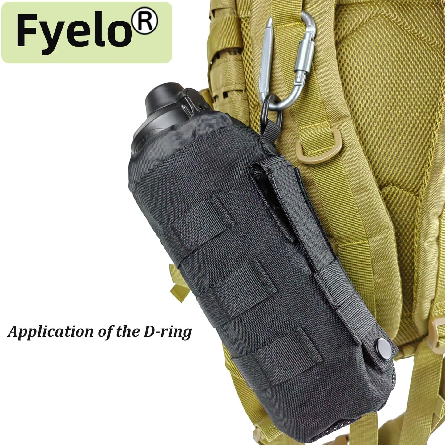 Fyelo Tactical MOLLE Bottle Pouch Bag, Travel/Sprots Molle Water Bottle Holder with Drawstring Open Top and Mesh Bottom - Black
