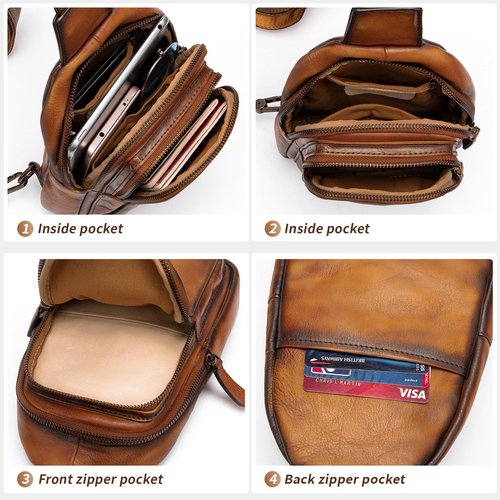 NIUCUNZH Genuine Leather Sling Bag, Handmade Vintage Crossbody Shoulder Bags Small Travel Pack for Women and Men Brown