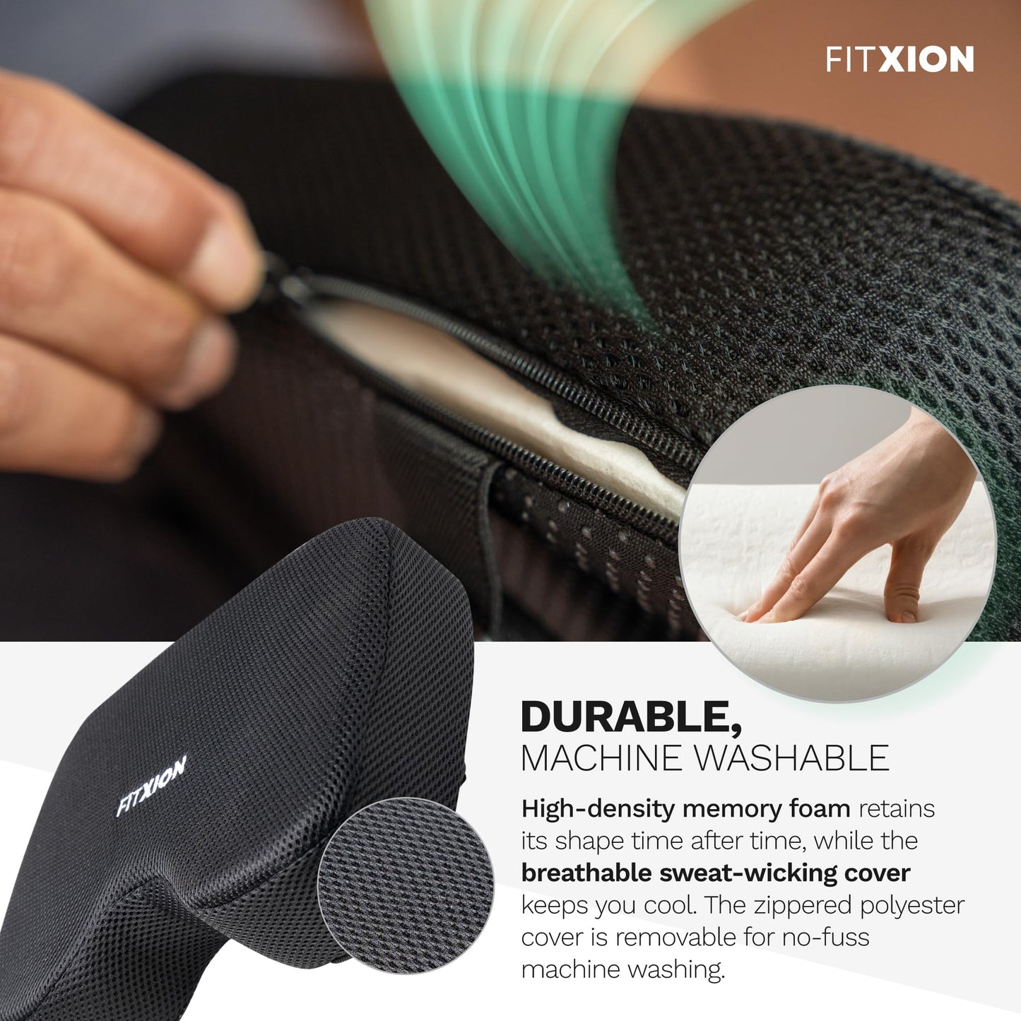 FitXion Rowing Machine Seat Cushion – Ergonomic Tail Bone Comfort Memory Foam Pad for Concept 2, Water Rower, Peloton or Recumbent Bike. Anti-Slip Base, Buckled Straps for Indoor Rowing Workouts