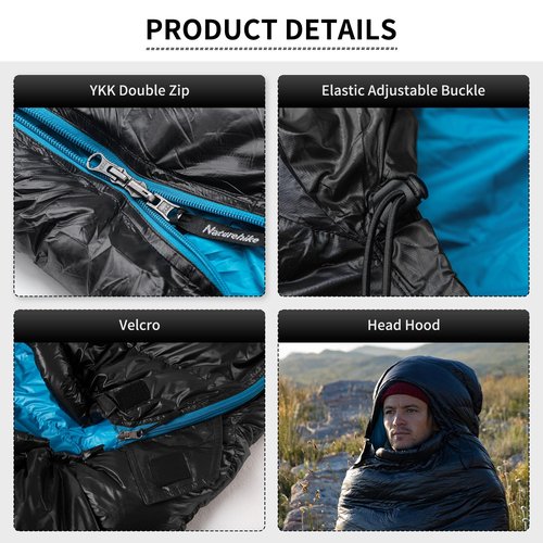 Naturehike Ultralight Duck Down Cold Weather Sleeping Bag, 750FP Compact Sleeping Bag 3-4 Season for Adults & Kids, Waterproof - Backpacking, Camping, Hiking, Traveling with Compression Sack, Black