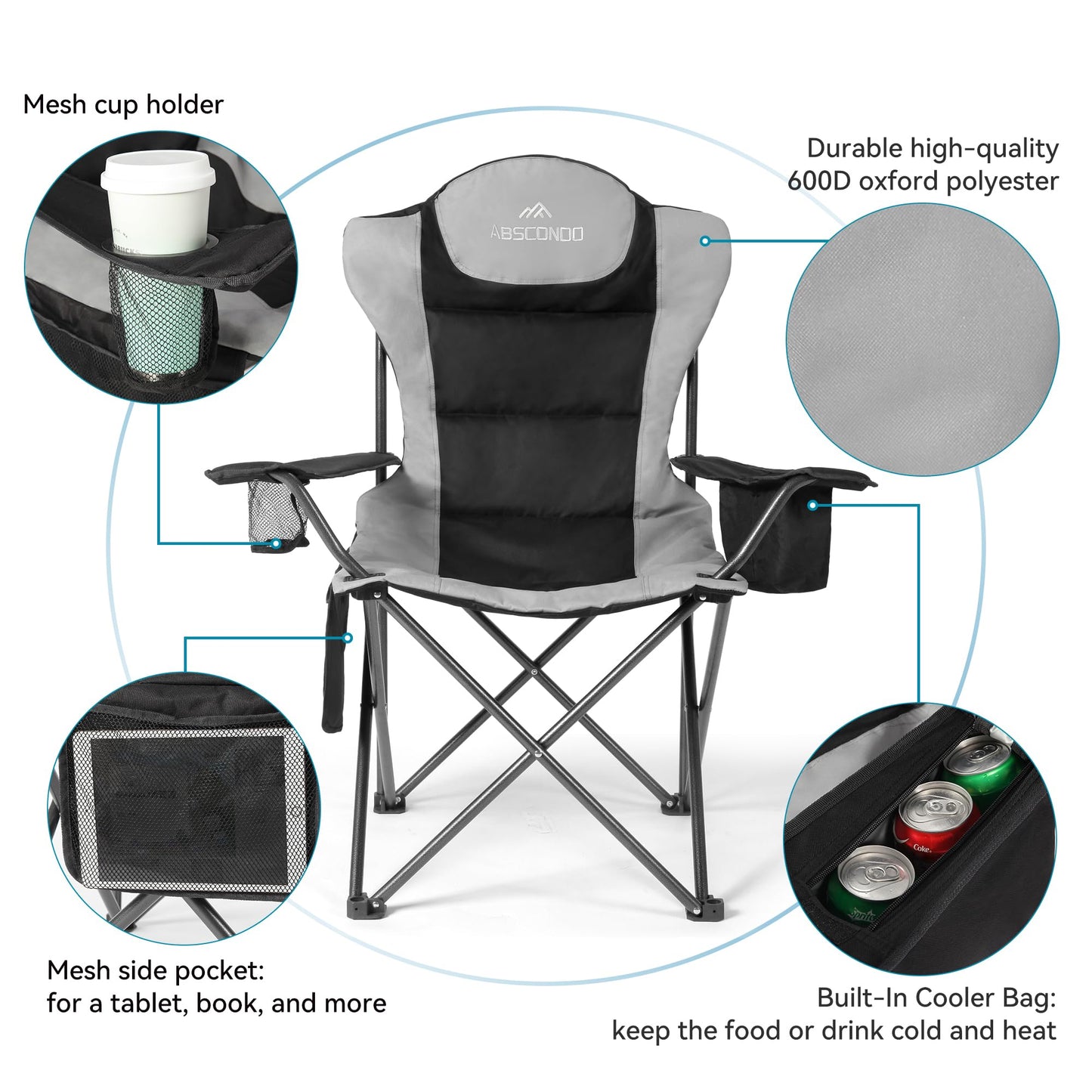 ABSCONDO Camping Chairs for Adults, Oversized Folding Camp Chair for Outdoor with Cup Holder & Cooler Bag, XL Heavy Duty Lawn Chairs Supports up to 350lbs (2 Pcs, Black)