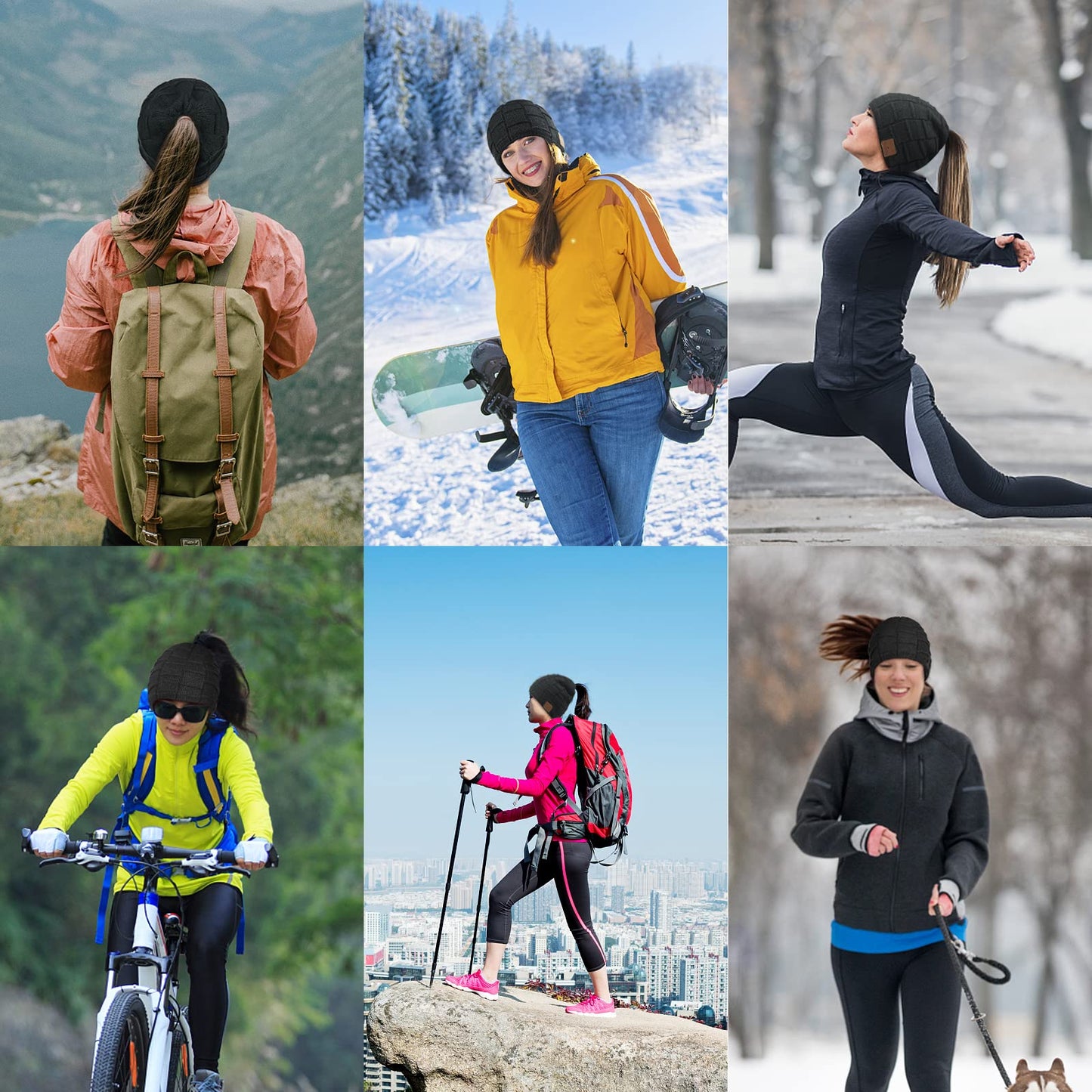 Bluetooth Beanie for Women with Ponytail Hole Wireless Knitted Beanie Hat with Bluetooth Headphones Built in Microphone, Winter Warm Hat Stocking Stuffers Black