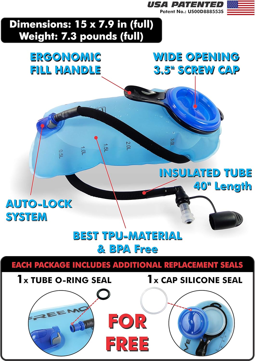 FREEMOVE Hydration Bladder 2L / 3L Water Bladder for Hiking Backpack &gt;Blue or Green&lt; Leak Proof Hydration Pack, Tasteless & BPA Free, TPU Water Reservoir, Quick Release Insulated Tube & Shutoff Valve