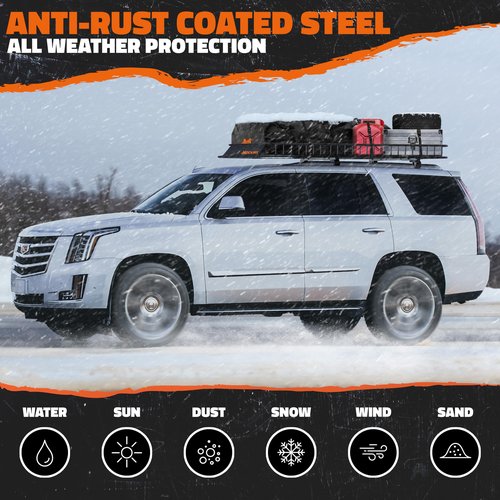 Mockins 90"x50"x6" XXL Heavy Duty Roof Rack Cargo Carrier for Top of Vehicle Storage | 250 Lbs. Cap Steel Car Roof Basket w/Straps | Weatherproof Rooftop Cargo Basket for SUV, RV, & Large Vehicles