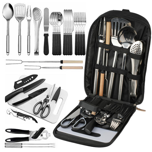 aiGear Camping Kitchen Utensil Set 27 Piece Portable Cookware Kit for BBQs, Outdoor Cooking, Picnics, and Adventures Camping Cookware Kitchenware Storage