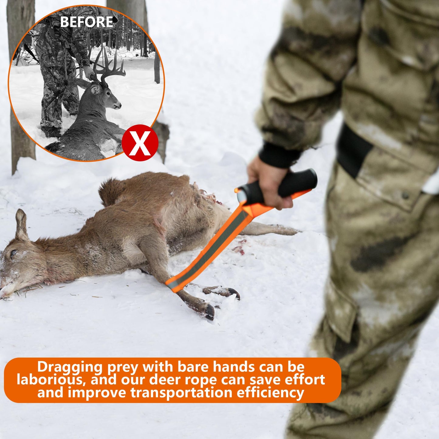 Adnee 4 Pack Deer Drag and Harness - 4.9ft Deer Drags Rope for Hunting Gear- Reflective Deer Safety Hunting Accessories with Comfort Grip Handle for Man