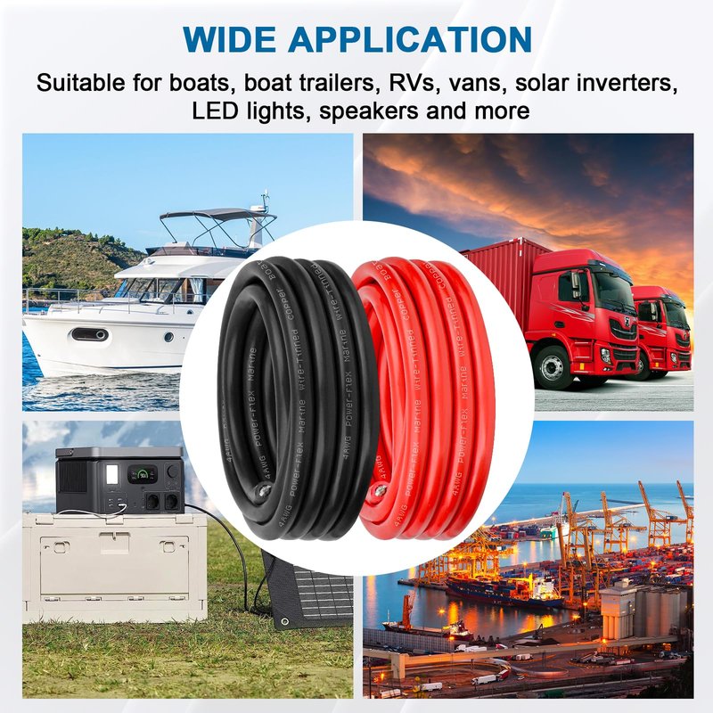 4 Gauge Marine Wire, 4 AWG Tinned Copper Electrical Wire, Boat Cable for Automotive, Solar, Car Audio, Trailer, Camper & Marine Wiring(4 AWG, 10FT Red + 10FT Black)