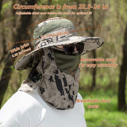 UPF 50+ Sun Fishing Hat for Men Women Wide Brim Hat with Detachable Face Cover & Neck Flap