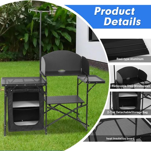 CDEN Camping Kitchen Station, Camping Table, Grill Table, with Light Stand and Windshield Cooking Station, outdoor