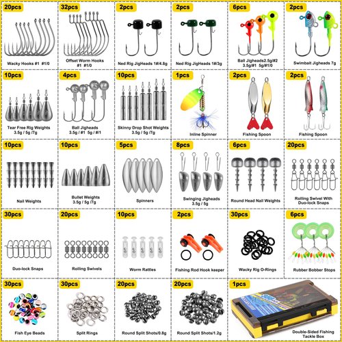 TOPFORT 356PCS Abundant Fishing Accessories Kit with Double-Side Fishing Tackle Box, Fish Gear and Equipment Include Fishing Hooks Jig Head Fishing Weights Sinkers for Trout Bass Crappie