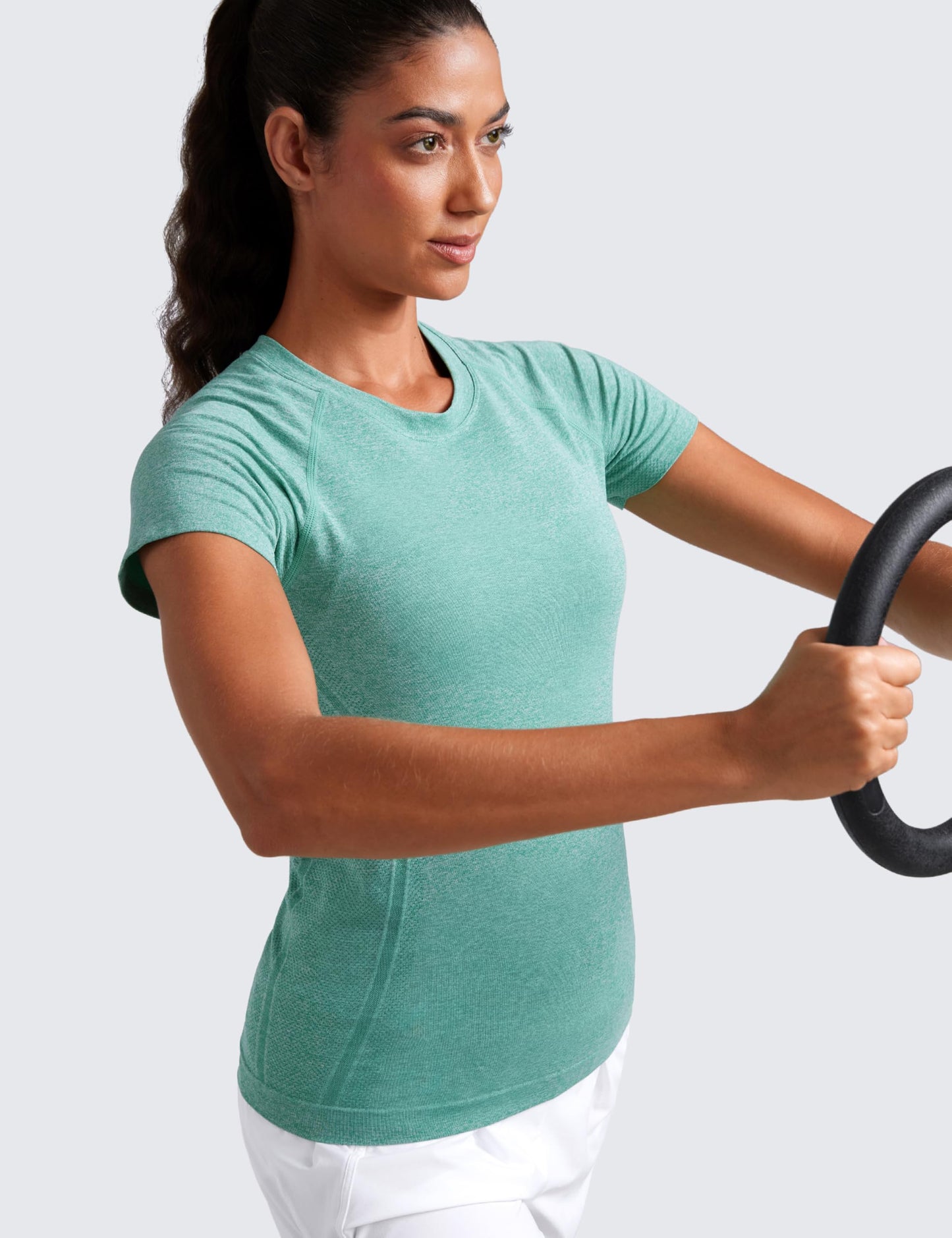 CRZ YOGA Seamless Workout Tops for Women Hip Length - Athletic Running Gym Yoga Short Sleeve Shirts Breathable Crewneck Tees Cascadia Green Heather Medium
