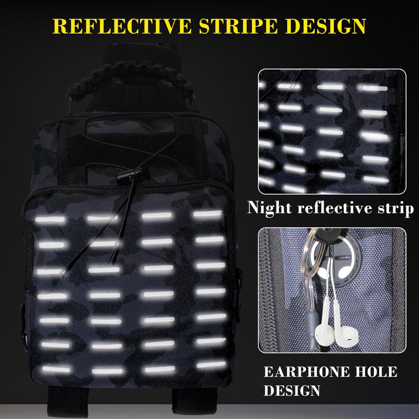 Fishing Tackle Bag with Rod Holders, Multifunctional Reflective Stripes Backpack Crossbody Sling Bags with Earphone Hole, Weatherproof Fashion Outdoors Bags for Fishing, Camping, Hiking