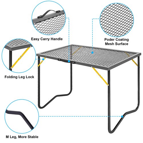 Portable Folding Grill Table, Outdoor Camping Table with Mesh Tabletop, Metal Grid Table for Patio, Picnic, Garden,BBQ and Beach, 35.5" L x 19.7" W