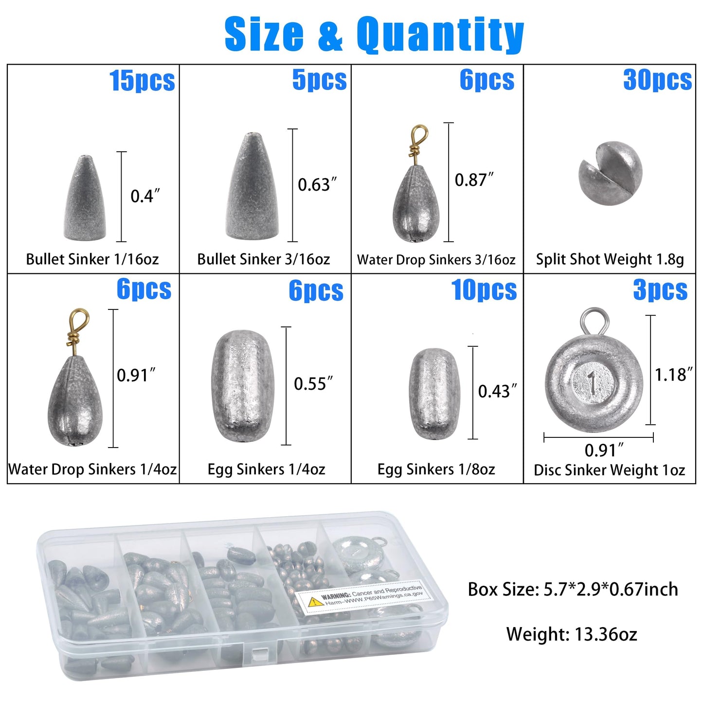 Fishing Weight Sinkers Kit, 81pcs Assorted Drop Bass Sinkers Split Shot Sinkers Coin Weights Saltwater Casting Fishing Sinkers Set with Tackle Box