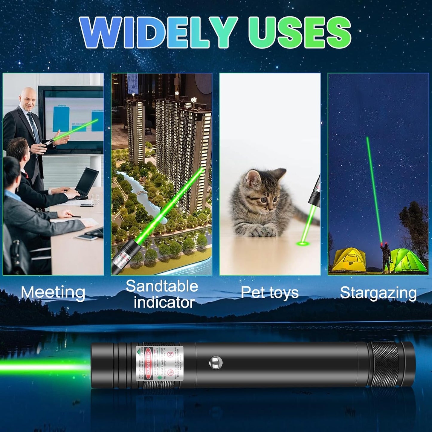Rechargeable Green Laser Pointer High Power, Long Range Green Beam Laser Pointer with Star Cap for Astronomy, Architecture, Outdoor Adventures