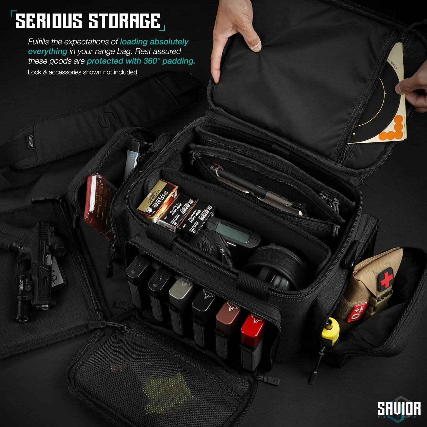 Savior Equipment Specialist Series Tactical Triple Pistol Shooting Range Hunting Duffle Bag Gun Carrying Case, Rigid Compartment Frame, Lockable Zippers, 3 Handgun Sleeves & Shoulder Strap Included