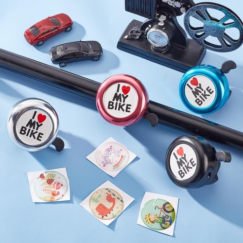 CREATCABIN I Love My Bike Bicycle Bell Aluminum Alloy Bike Bells Ring Round Pink Loud Sound Cycling Handlebars Bells with 4Pcs Resin Stickers for Road Mountain Bike Adults Bicycle Accessories 2x2Inch