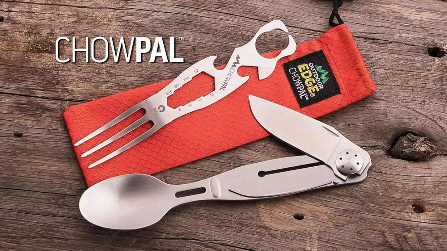 OUTDOOR EDGE Chowlite - Mealtime Multitool with Folding/Locking Fork, Spoon, Bottle Opener, Can Opener and Screwdriver - 100% Stainless Steel - Perfect for Camping, Hiking, Backpacking and Hunting