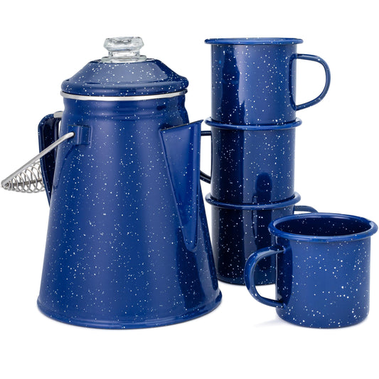 COLETTI Classic Enamel Set Coffee Percolator & Mugs — The Most Nostalgic Camping Coffee Pot, Now Modernized [Blue Enamel, 12 Cup Percolator Coffee Pot & Set of 4 Mugs]