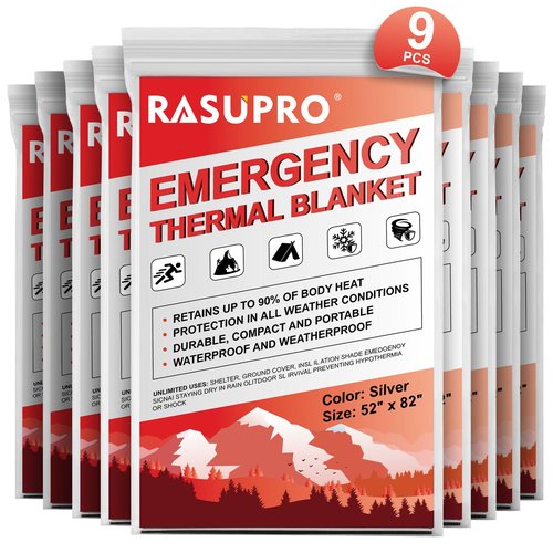 Rasupro 9 Pack Emergency Blankets, Outdoor Survival Emergency Insulated Gear, Mylar Thermal Space Insulated Blanket, Perfect for Camping, Hiking, Running, Marathon, Wilderness Rescue or First Aid