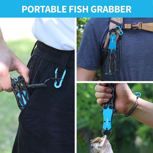FLISSA Folding Fish Gripper with Lanyard, Lightweight Aluminum Fish Grabber, Portable Fish Lip Gripper Holder for Saltwater and Freshwater Fishing