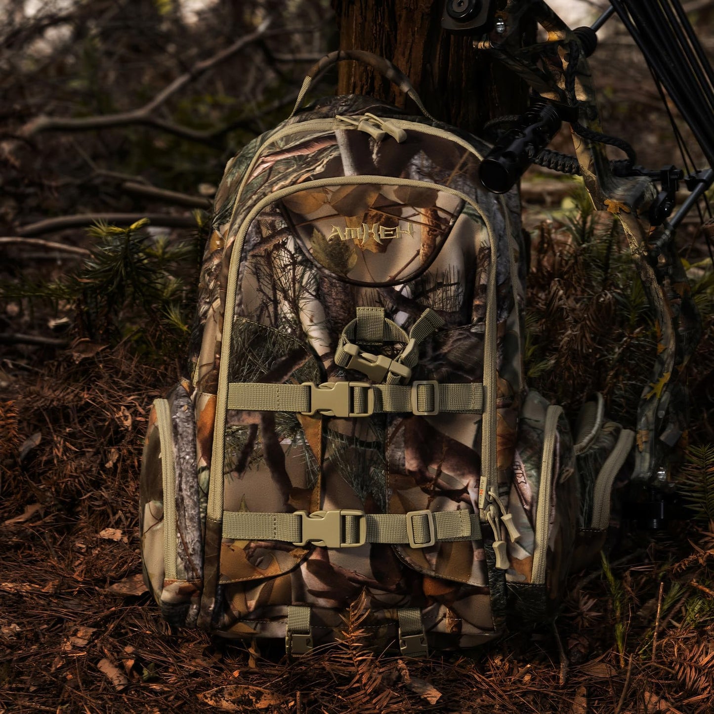 AMHEH Hunting Backpack for Men Outdoor Waterproof 31L Durable Hunting Day Pack for Bow Rifle Forest Camo