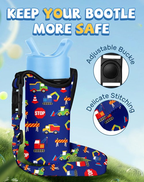 Miss Adola Water Bottle Carrier with Strap - Handheld Kids Water Bottle Holder for 10-16 oz Cute Cartoon Design Neoprene Crossbody Bottle Sling Bag for Boys for Insulated Drink Bottle, Excavator Car