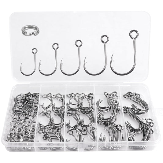 150pcs Inline Single Hooks Kit Fishing Replacement Hooks for Lure Plugs Baits Large Eye Inline Circle Hook with Split Rings Freshwater Saltwater Fishing Tackle