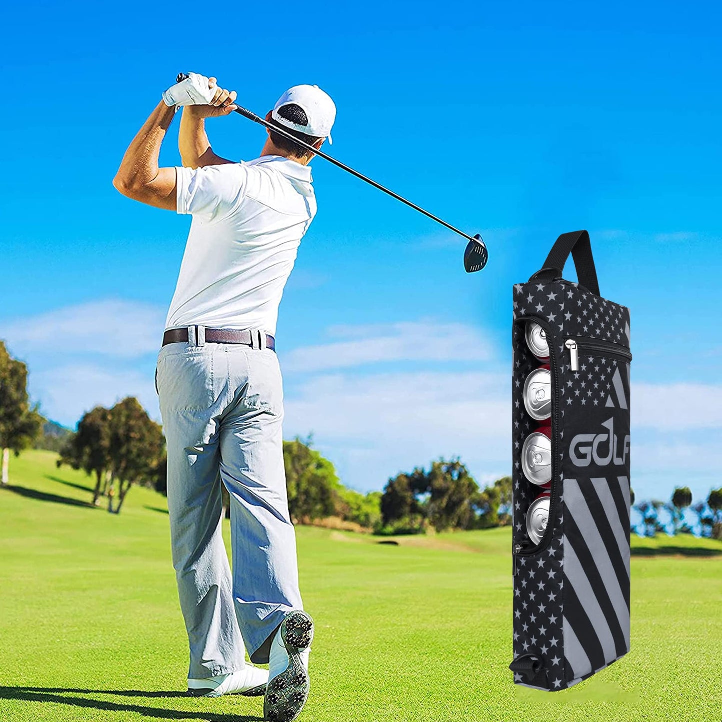 Golf Cooler Bag Plus Ice Pack Soft Sided Insulated Cooler Bag- Holds 6 Pack of Cans or 2 Wine Bottles - Grey Camo Golf Beer Sleeve Black Fits Discreetly in Golf Bags