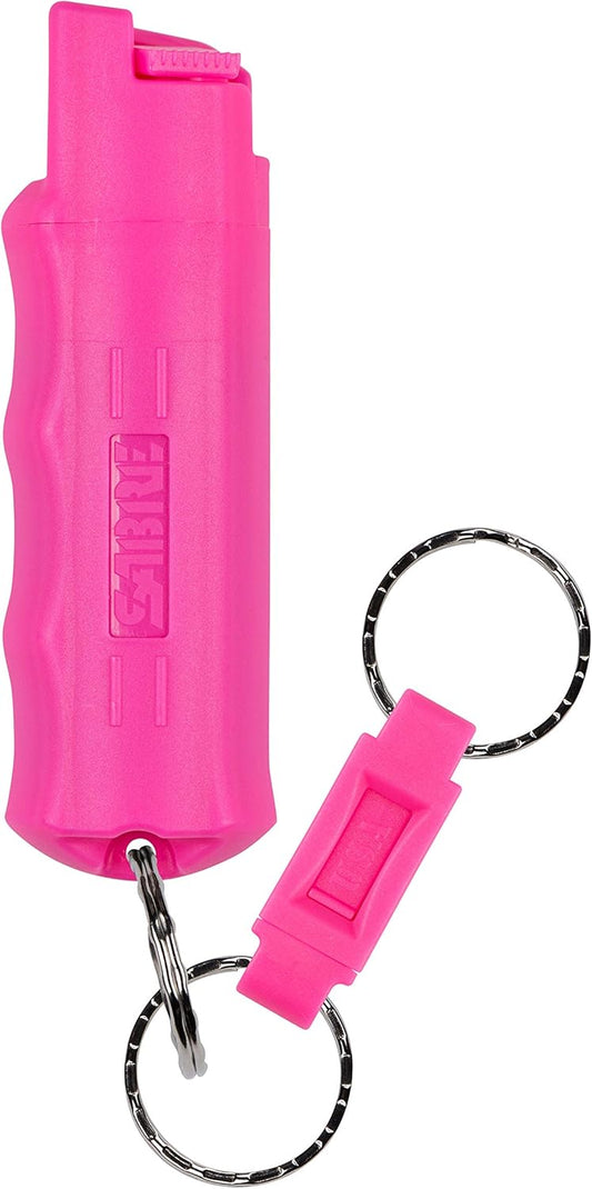 SABRE Pepper Spray, Supports National Breast Cancer Foundation, Maximum Police Strength OC Spray, Quick Release Keychain for Easy Carry and Fast Access, Finger Grip for More Accurate Aim, 25 Bursts