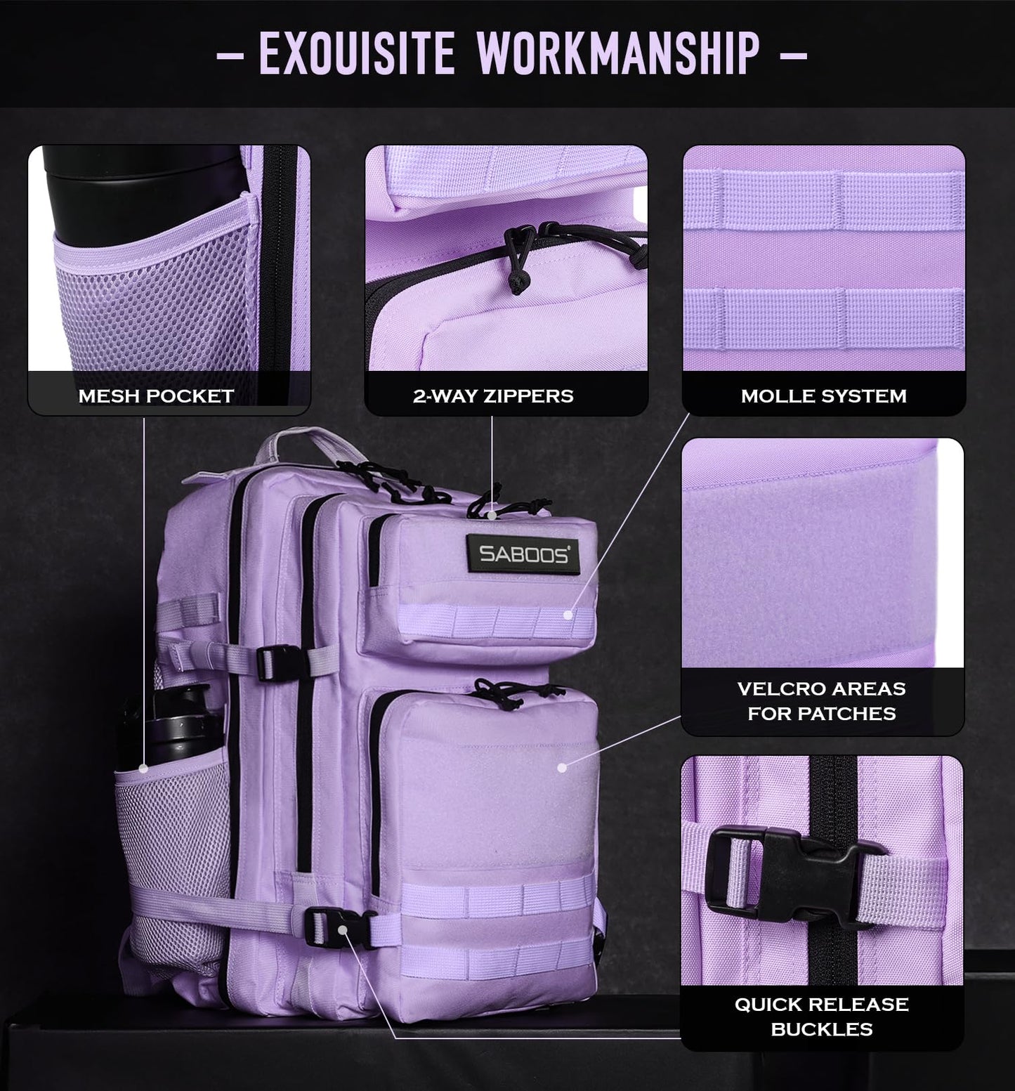 Saboos Gym Backpack for Women Tactical Military Outdoor Hiking Travel Camping Backpack Nylon Large Rucksack 25L Purple