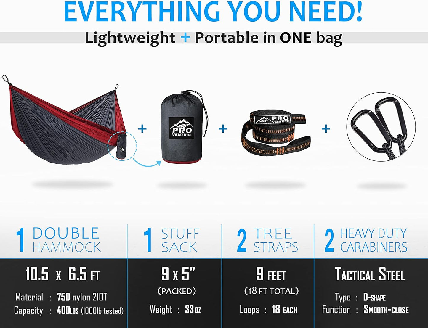 Portable Double Camping Hammock 500 lb Capacity – Lightweight with Tree-Friendly Straps & Carabiners for Hiking, Travel, Beach & Backyard