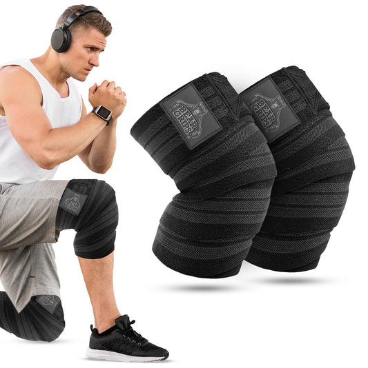 Bear Grips Knee Wraps - Heavy Duty Knee Brace Pair Compression and Elastic Support for Squats, Weightlifting, Powerlifting - Home Gym Workout Equipment Knee Support for Men and Women (Black and Gray)