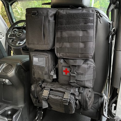 Car Seat Back Organizer Tactical Seat Back Organizer with 5 Molle Pouch, Medical Pouch Admin Pack Drawstring Dump Bag EDC Pack Tactical Fanny Pack Molle Panel Accessories