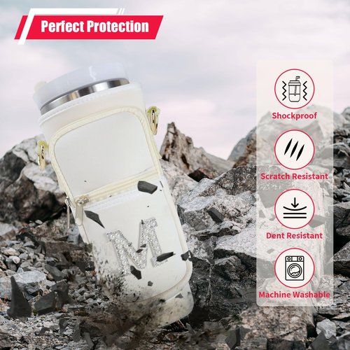 Initial A-Z Water Bottle Carrier Bag with Strap for Stanley 40oz Tumbler, Personalized Water Bottle Holder Pouch with Pearl Letter Phone Pocket for Stanley Cup Accessory Custom Gift for Women Beige P